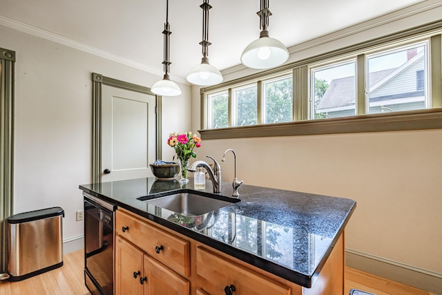 42 Sargent St, Westbrook, ME 04092 - kitchen with black dishwasher, light wood finished floors, brown cabinets, an island with sink, and pendant lighting