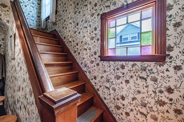 42 Sargent St, Westbrook, ME 04092 - stairway with wallpapered walls