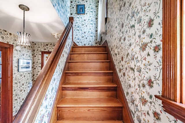 42 Sargent St, Westbrook, ME 04092 - stairs with wallpapered walls