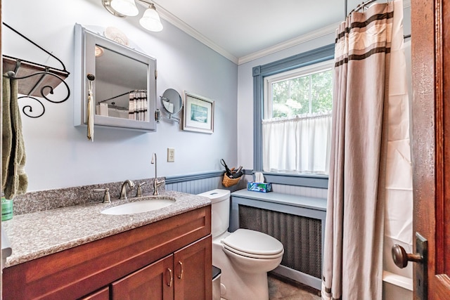 42 Sargent St, Westbrook, ME 04092 - bathroom featuring vanity, crown molding, radiator, curtained shower, and wainscoting