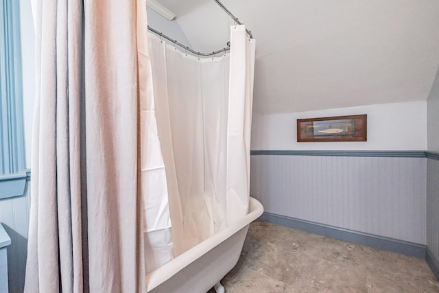 42 Sargent St, Westbrook, ME 04092 - bathroom featuring vaulted ceiling, a shower with shower curtain, and a bath