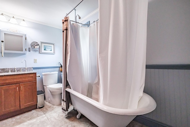 42 Sargent St, Westbrook, ME 04092 - bathroom featuring vanity, a wainscoted wall, and crown molding