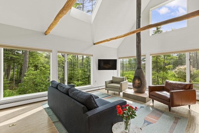 133 Scraggle Point Rd, Saint George, ME 04859 - sunroom with high vaulted ceiling, a skylight, a baseboard radiator, wood finished floors, and beam ceiling
