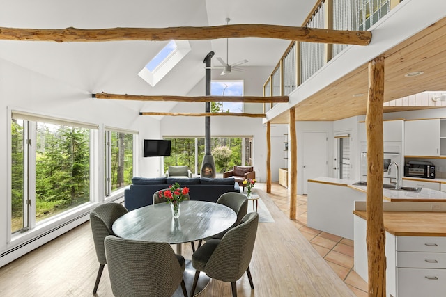 133 Scraggle Point Rd, Saint George, ME 04859 - dining room featuring a skylight, ceiling fan, plenty of natural light, high vaulted ceiling, and a baseboard radiator