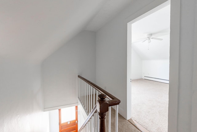 19 Fall St, Biddeford, ME 04005 - staircase featuring lofted ceiling, carpet floors, a baseboard heating unit, and ceiling fan