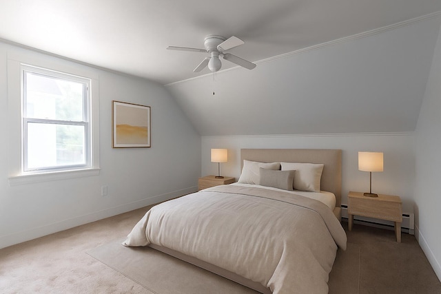 19 Fall St, Biddeford, ME 04005 - carpeted bedroom with a baseboard radiator, lofted ceiling, and a ceiling fan