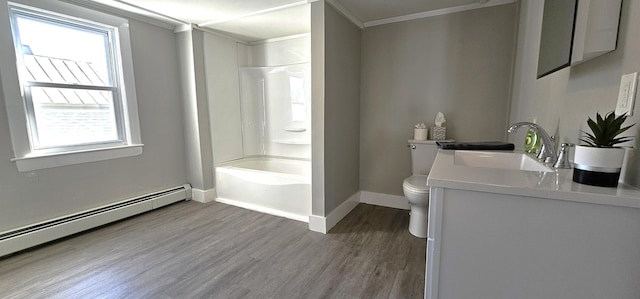 158 Water St, Waterville, ME 04901 - bathroom featuring a baseboard radiator, ornamental molding, double vanity, wood finished floors, and shower / washtub combination