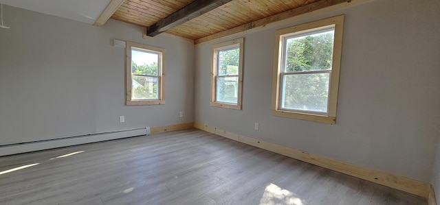 158 Water St, Waterville, ME 04901 - spare room featuring baseboard heating, a wood ceiling with exposed beams, plenty of natural light, and wood finished floors