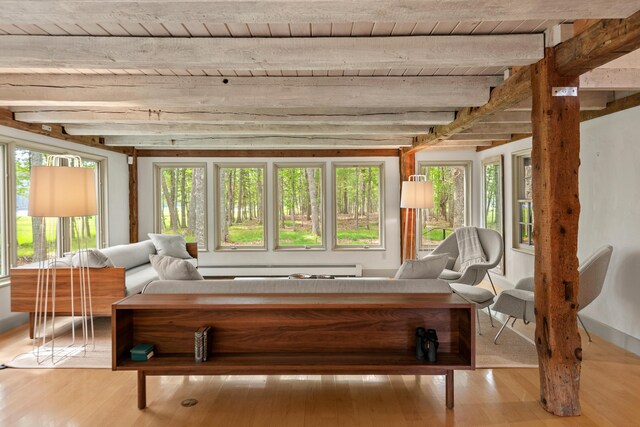 372 Bald Head Rd, Arrowsic, ME 04530 - sunroom featuring wood finished floors and a wood ceiling with exposed beams