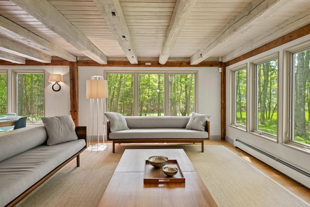 372 Bald Head Rd, Arrowsic, ME 04530 - living room featuring baseboard heating, plenty of natural light, a wood ceiling with exposed beams, and light wood-style floors