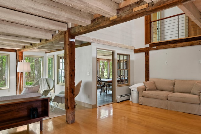 372 Bald Head Rd, Arrowsic, ME 04530 - living room featuring a baseboard radiator, wood finished floors, and beam ceiling