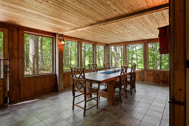 372 Bald Head Rd, Arrowsic, ME 04530 - dining area with wooden ceiling, wooden walls, and dark tile patterned flooring