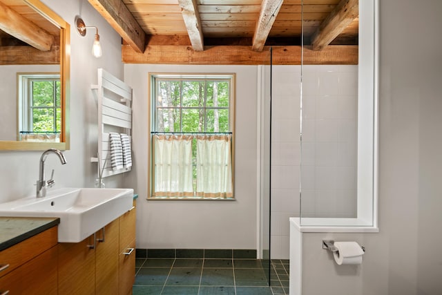 372 Bald Head Rd, Arrowsic, ME 04530 - full bath featuring vanity, a wooden ceiling with exposed beams, tile patterned floors, and plenty of natural light