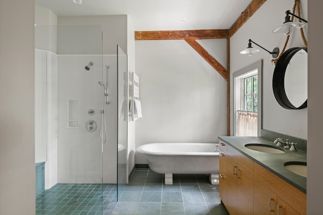 372 Bald Head Rd, Arrowsic, ME 04530 - bathroom with a tile shower, a freestanding tub, double vanity, and tile patterned flooring