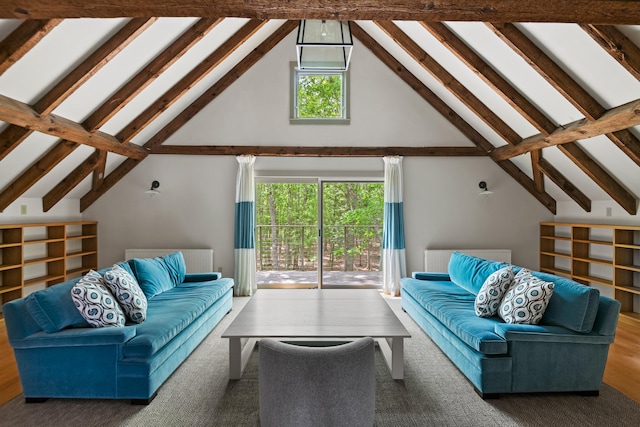 372 Bald Head Rd, Arrowsic, ME 04530 - living room with beam ceiling and high vaulted ceiling