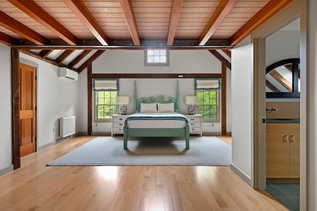 372 Bald Head Rd, Arrowsic, ME 04530 - bedroom featuring radiator, a wall mounted air conditioner, wood finished floors, and wood ceiling