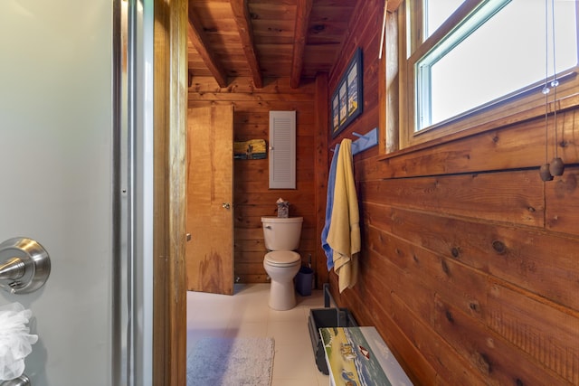15 Tranquility Way, Ellsworth, ME 04605 - bathroom featuring wooden walls and a wooden ceiling with exposed beams