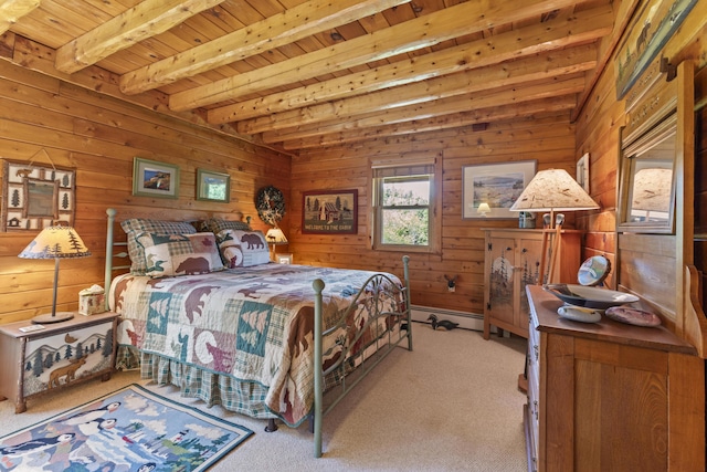 15 Tranquility Way, Ellsworth, ME 04605 - bedroom featuring light carpet, a wood ceiling with exposed beams, wood walls, and baseboard heating