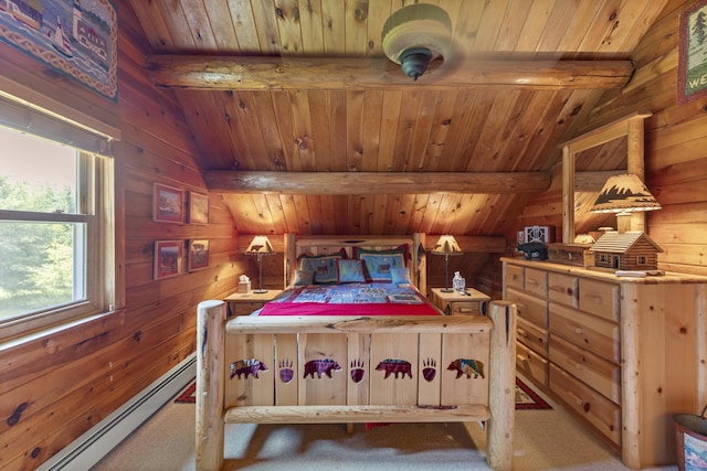 15 Tranquility Way, Ellsworth, ME 04605 - bedroom featuring a baseboard heating unit, wood ceiling, carpet flooring, and wooden walls