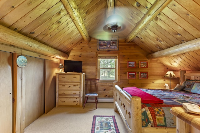 15 Tranquility Way, Ellsworth, ME 04605 - carpeted bedroom featuring wood walls, wood ceiling, and a baseboard radiator