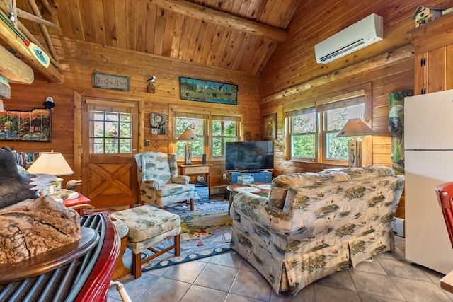 15 Tranquility Way, Ellsworth, ME 04605 - tiled living area featuring an AC wall unit, wooden ceiling, and wood walls