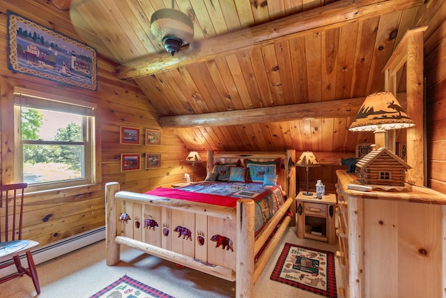 15 Tranquility Way, Ellsworth, ME 04605 - bedroom featuring wood ceiling, wood walls, carpet floors, and baseboard heating