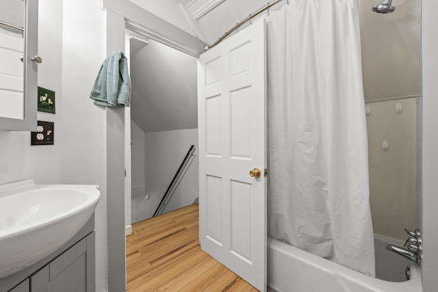23 Cottage Dr, Friendship, ME 04547 - full bath with wood finished floors, shower / bath combination with curtain, and vanity
