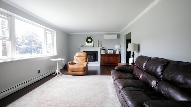 48 Clover Ln, Brewer, ME 04412 - living room with wood finished floors, baseboard heating, ornamental molding, and a fireplace with raised hearth