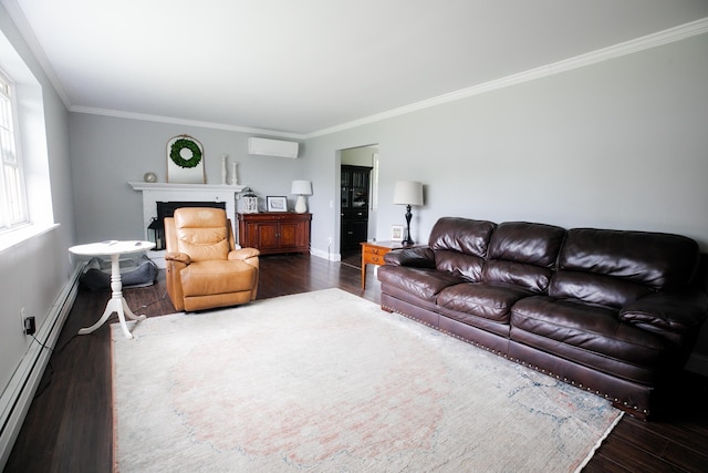48 Clover Ln, Brewer, ME 04412 - living area featuring dark wood-type flooring, an AC wall unit, ornamental molding, a baseboard heating unit, and a brick fireplace