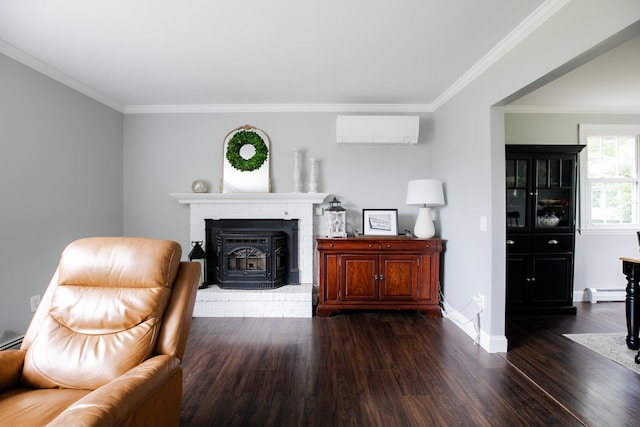 48 Clover Ln, Brewer, ME 04412 - living room with a wall mounted air conditioner, wood finished floors, crown molding, and baseboard heating