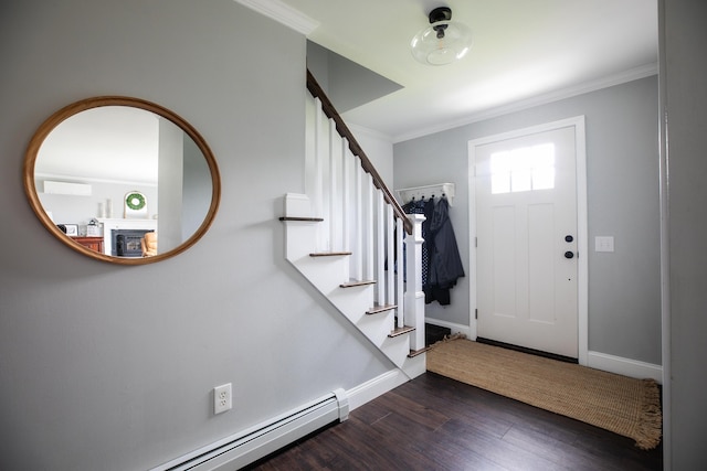 48 Clover Ln, Brewer, ME 04412 - foyer featuring dark wood-style floors, stairs, baseboard heating, and ornamental molding