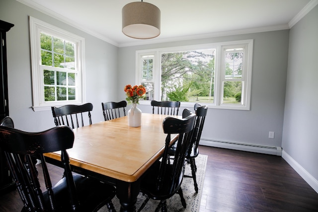 48 Clover Ln, Brewer, ME 04412 - dining space with baseboard heating, crown molding, and dark wood finished floors