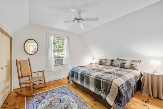17 Summit St, Ogunquit, ME 03907 - bedroom with vaulted ceiling, light wood-style flooring, cooling unit, and ceiling fan