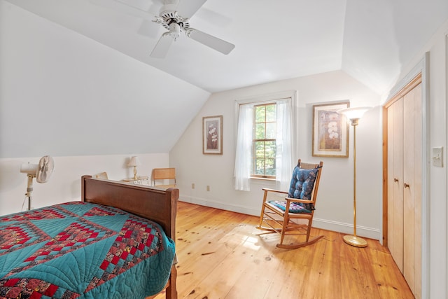 17 Summit St, Ogunquit, ME 03907 - bedroom with vaulted ceiling, hardwood / wood-style flooring, and a ceiling fan