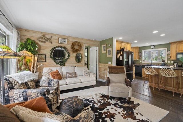 85 Lions Ridge Rd, Alna, ME 04535 - living room featuring wooden walls, recessed lighting, and dark wood-style floors