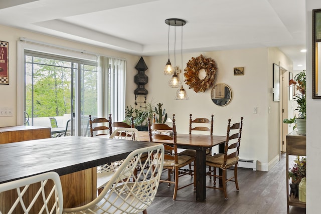 85 Lions Ridge Rd, Alna, ME 04535 - dining room with dark wood-style floors, a tray ceiling, recessed lighting, and a baseboard heating unit