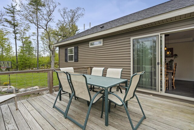 85 Lions Ridge Rd, Alna, ME 04535 - deck with outdoor dining area and a lawn