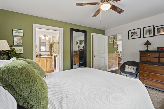 85 Lions Ridge Rd, Alna, ME 04535 - carpeted bedroom featuring ensuite bathroom and a ceiling fan