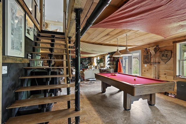85 Lions Ridge Rd, Alna, ME 04535 - recreation room featuring healthy amount of natural light, pool table, wood ceiling, and wood walls