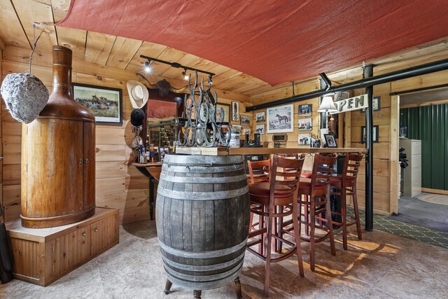 85 Lions Ridge Rd, Alna, ME 04535 - indoor dry bar featuring wooden walls, wood ceiling, and rail lighting