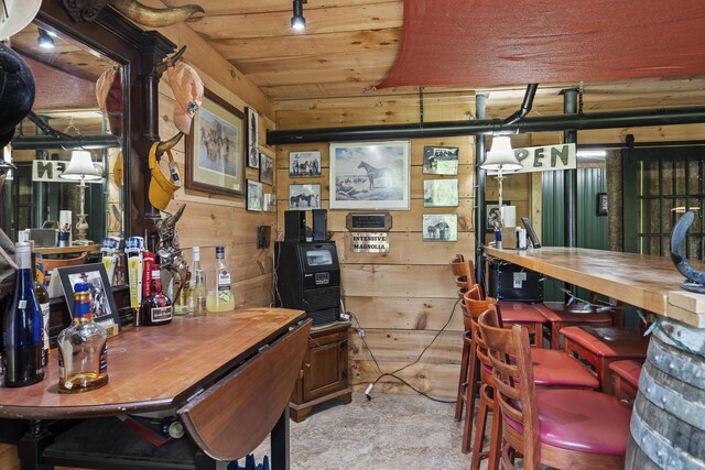 85 Lions Ridge Rd, Alna, ME 04535 - interior space featuring wood walls, a workshop area, and wooden ceiling