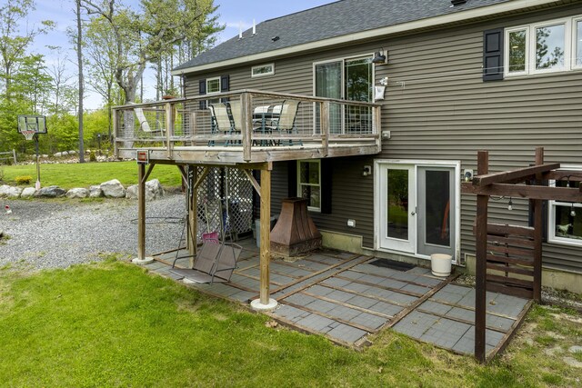 85 Lions Ridge Rd, Alna, ME 04535 - rear view of property with a yard, a deck, and a patio area