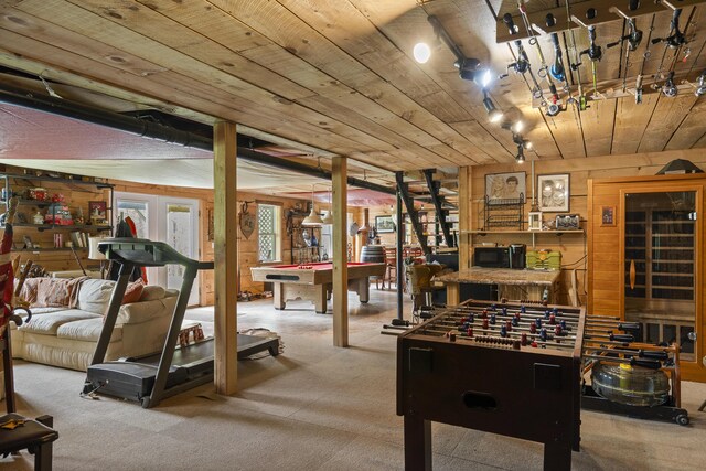 85 Lions Ridge Rd, Alna, ME 04535 - game room with carpet, wooden ceiling, pool table, and wood walls