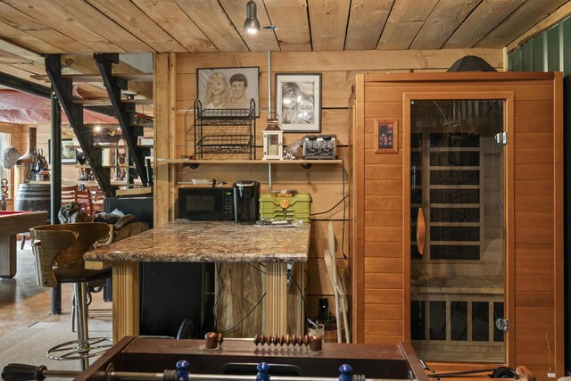 85 Lions Ridge Rd, Alna, ME 04535 - bar with wood ceiling, black microwave, a sauna / steam room, and wood walls