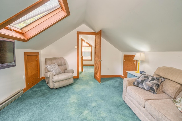 48 Griffin Ave, Hampden, ME 04444 - living area with carpet floors, lofted ceiling, baseboard heating, and a skylight
