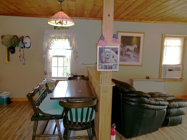 76 Gile Rd, Fayette, ME 04349 - dining room featuring wooden ceiling, cooling unit, wood finished floors, and ornamental molding