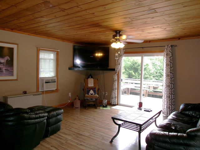 76 Gile Rd, Fayette, ME 04349 - living room featuring wooden ceiling, cooling unit, a ceiling fan, and wood finished floors