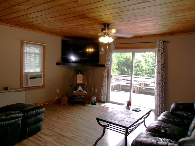 76 Gile Rd, Fayette, ME 04349 - living room featuring wood ceiling, ceiling fan, cooling unit, and wood finished floors