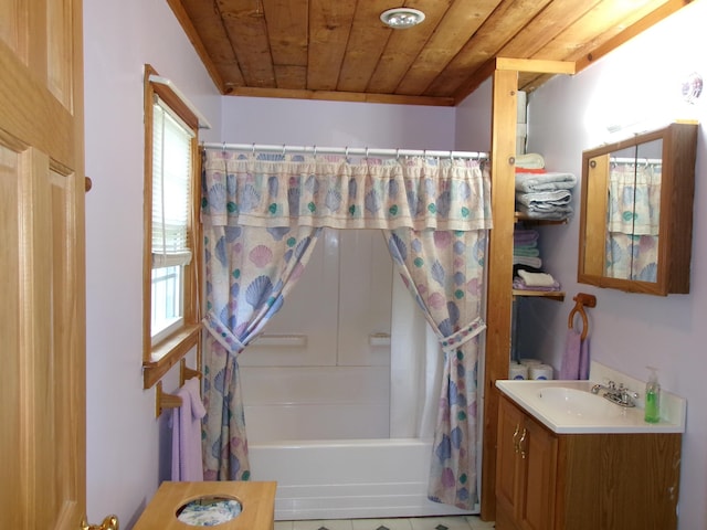 76 Gile Rd, Fayette, ME 04349 - bathroom with wood ceiling, vanity, shower / bath combo, and tile patterned flooring
