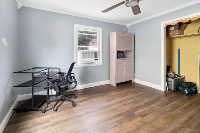 95 Webber Ave, Lewiston, ME 04240 - home office featuring ornamental molding, wood finished floors, a ceiling fan, and cooling unit
